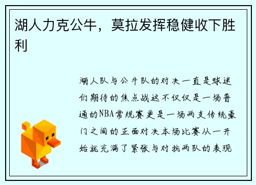 湖人力克公牛，莫拉发挥稳健收下胜利
