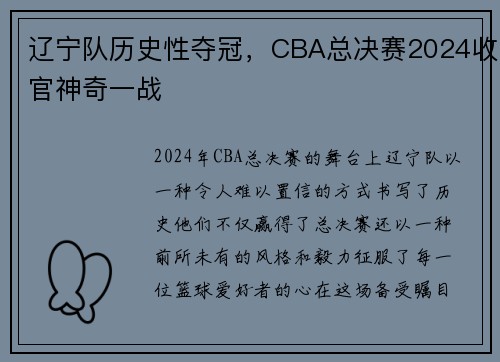 辽宁队历史性夺冠，CBA总决赛2024收官神奇一战